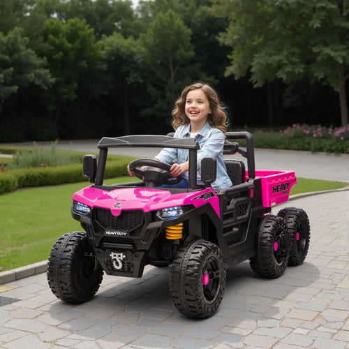 24V 4WD Kids Ride On Truck, 6 Wheels, 2 Seater, Remote, Dump Bed, Pink