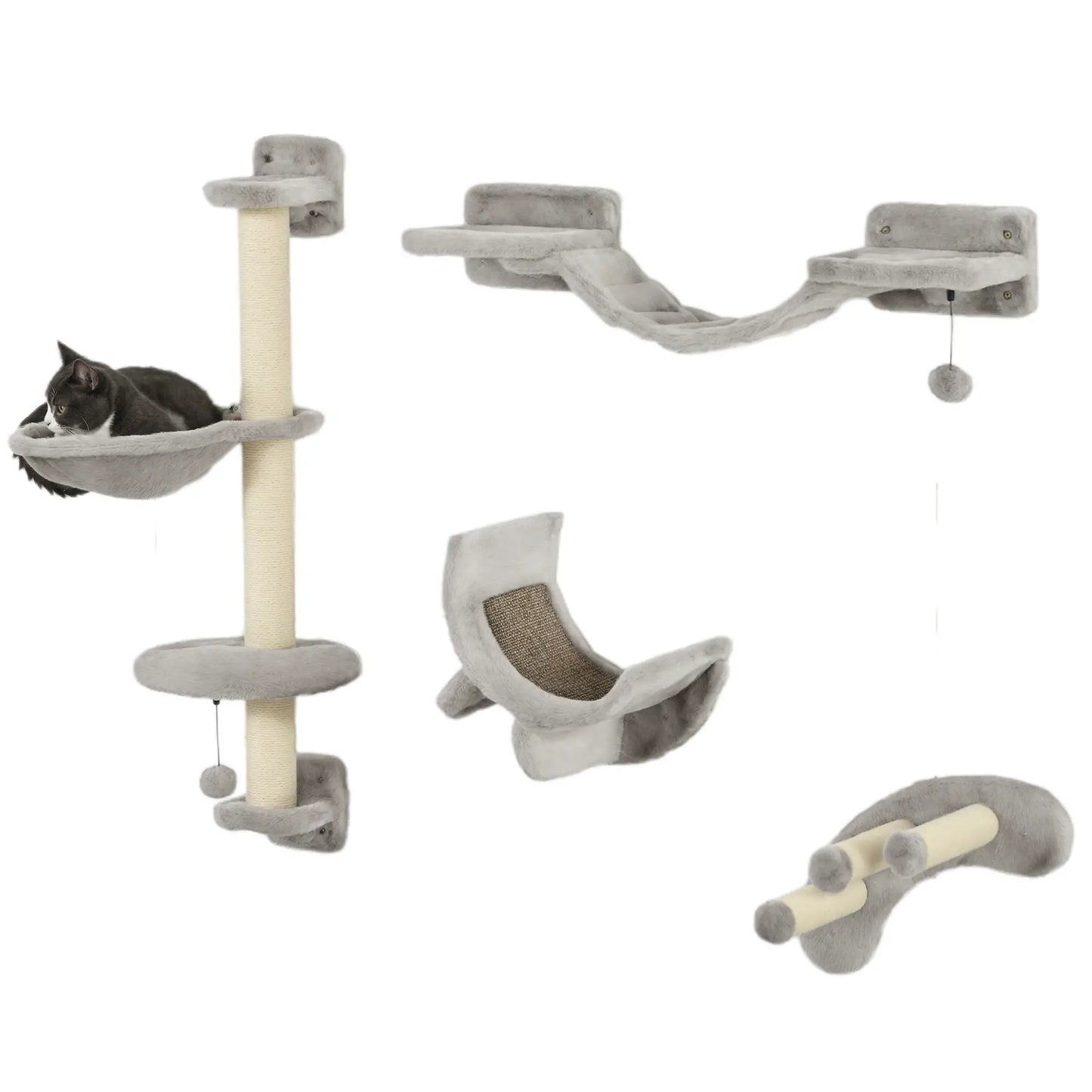 4Pcs Cat Wall Shelf with Scratching Post, Soft Ladder, Hammock, Grey Cat Climbing Wall at Gallery Canada