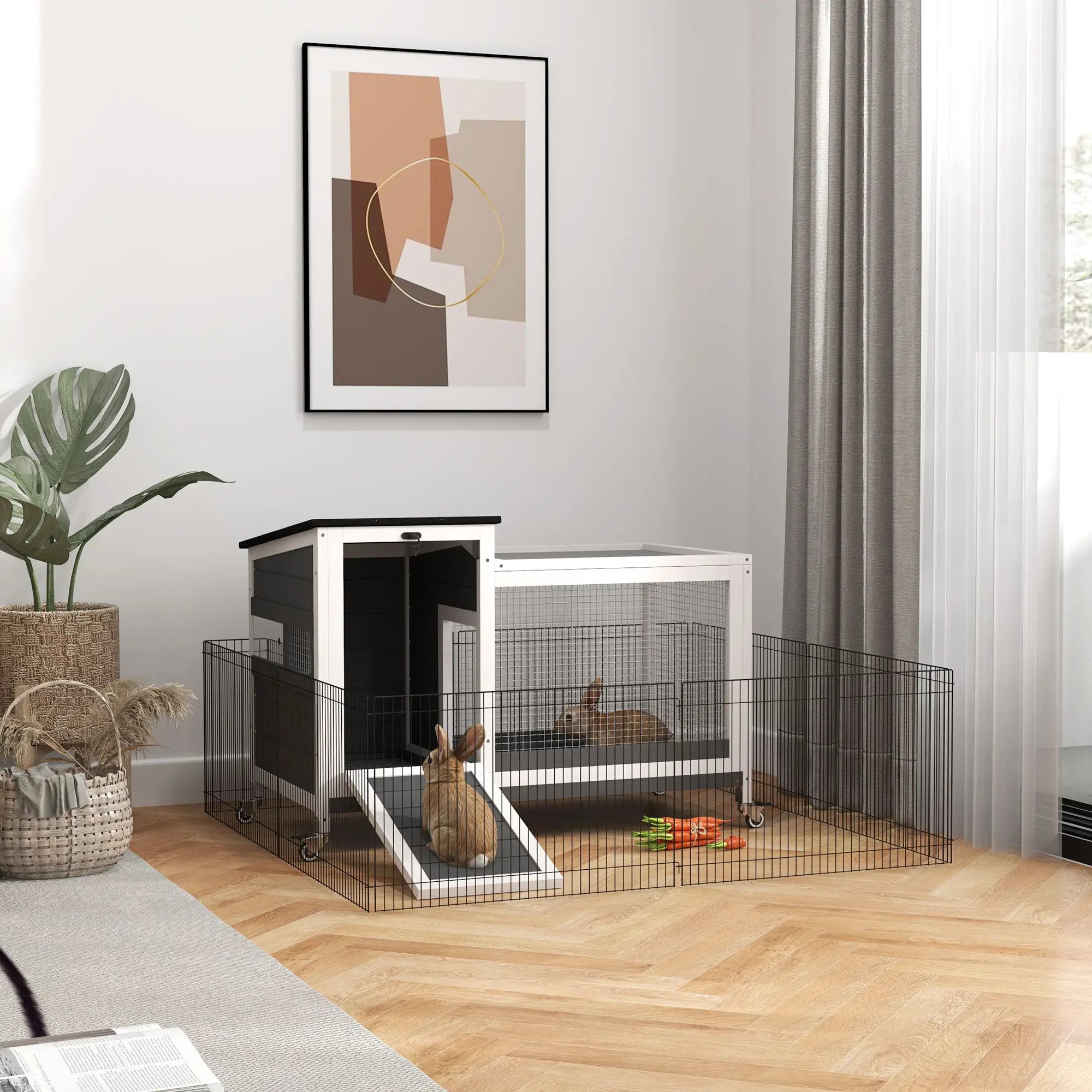 Wooden Rabbit Hutch, Pull-Out Tray, Openable Roof, Small Animal Cage on Wheels, Grey Rabbit Hutch at Gallery Canada