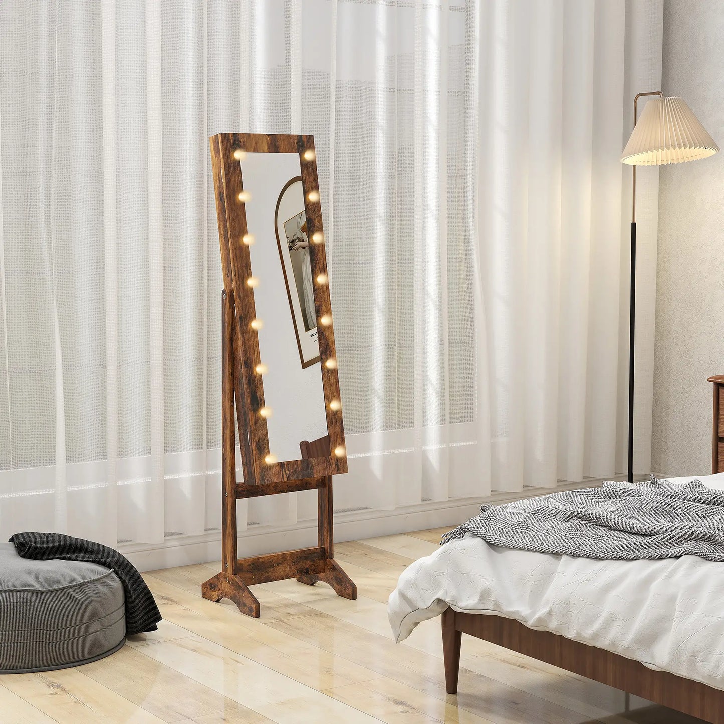 Free Standing Armoire Organizer, Lighted Mirrored Jewelry Cabinet, Angle Adjustable, 16 LED Lights, Rustic Brown, Brown Jewelry Armoire & Jewellery Mirror Cabinets at Gallery Canada