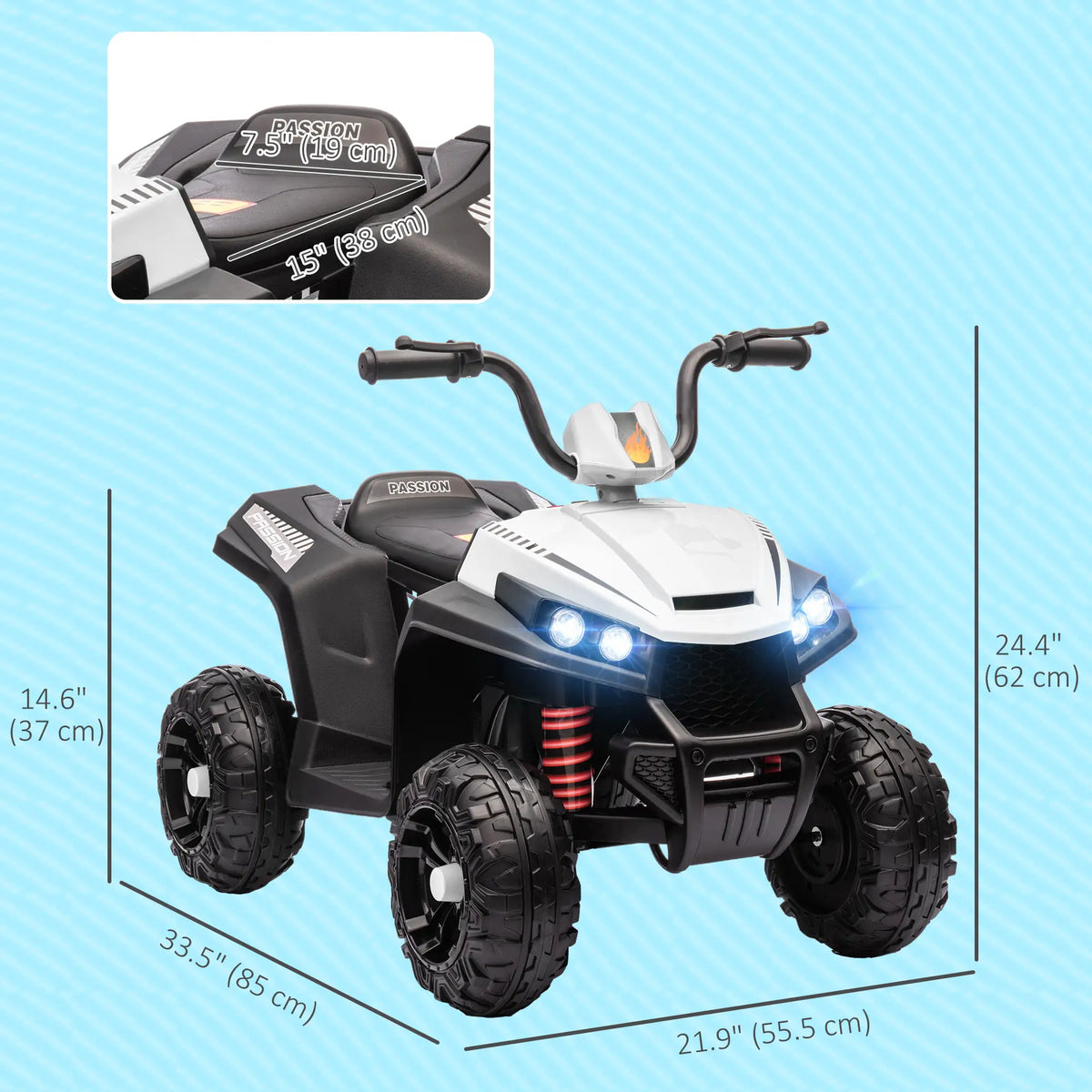 12V Kids ATV, Four Wheels, Spring Suspension, LED Light, MP3, White