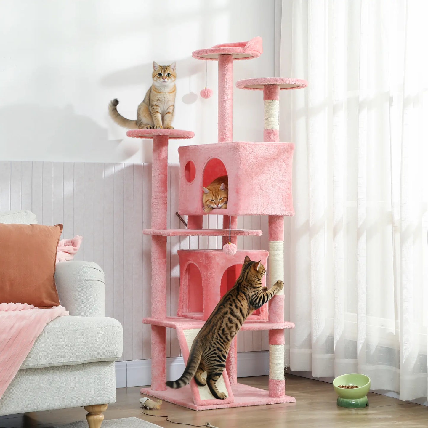 63" Cat Tree, Multi-Level Tower With Scratching Posts, Condos, Bed, Pink