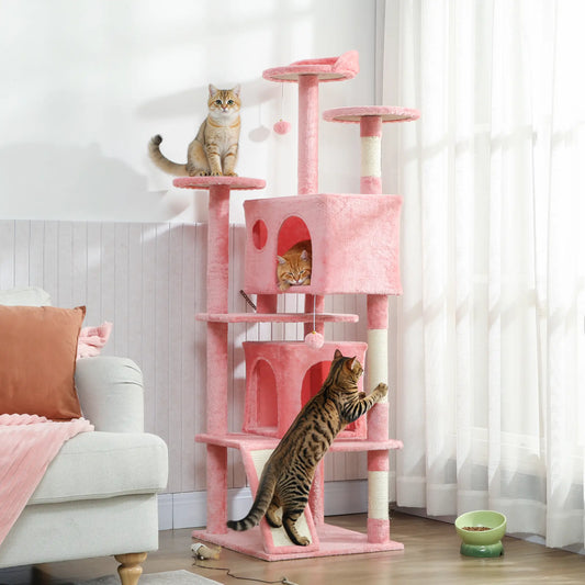 63" Cat Tree, Multi-Level Tower With Scratching Posts, Condos, Bed, Pink
