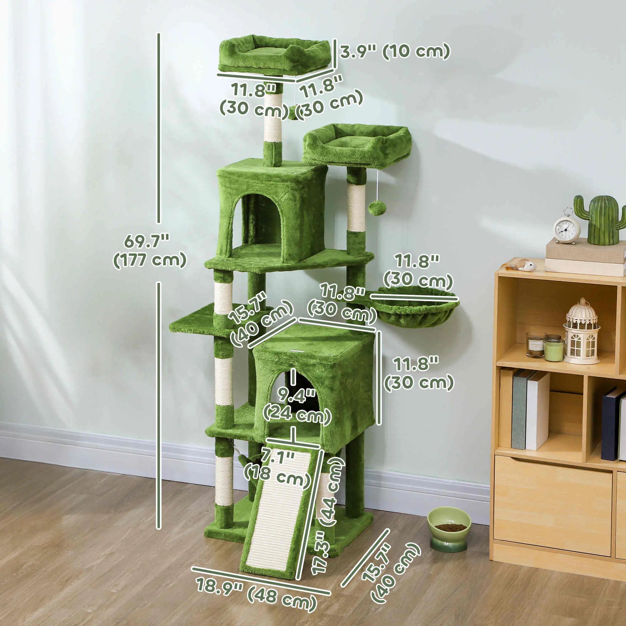 Cat Tree, 70 Inch Multi-Level Tower, 2 Condos, 2 Perches, Hammock, Green Cat Towers at Gallery Canada