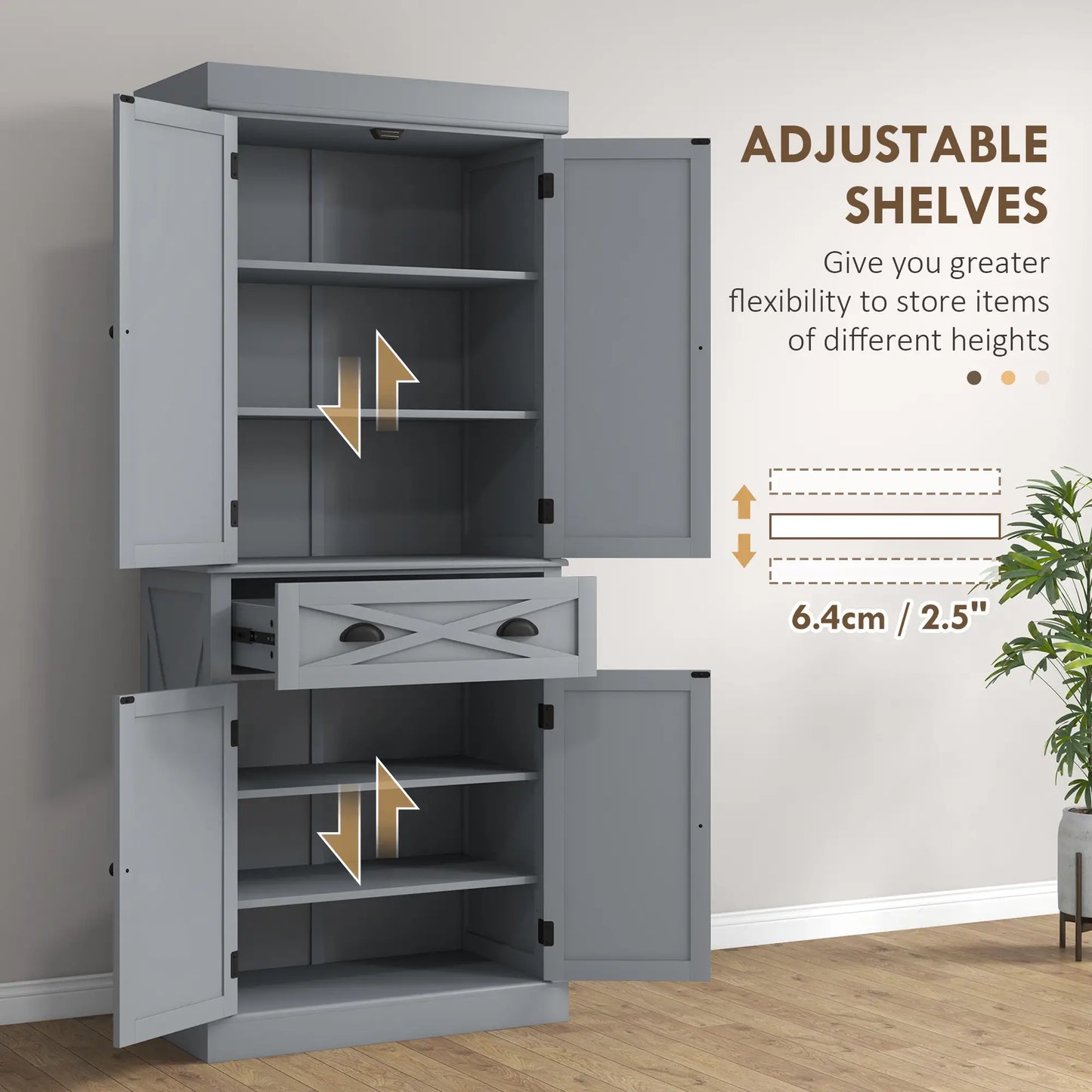 72.5" Kitchen Pantry Cabinet, 4 Doors, Drawer, Adjustable Shelves, Grey Kitchen Pantry Cabinets at Gallery Canada