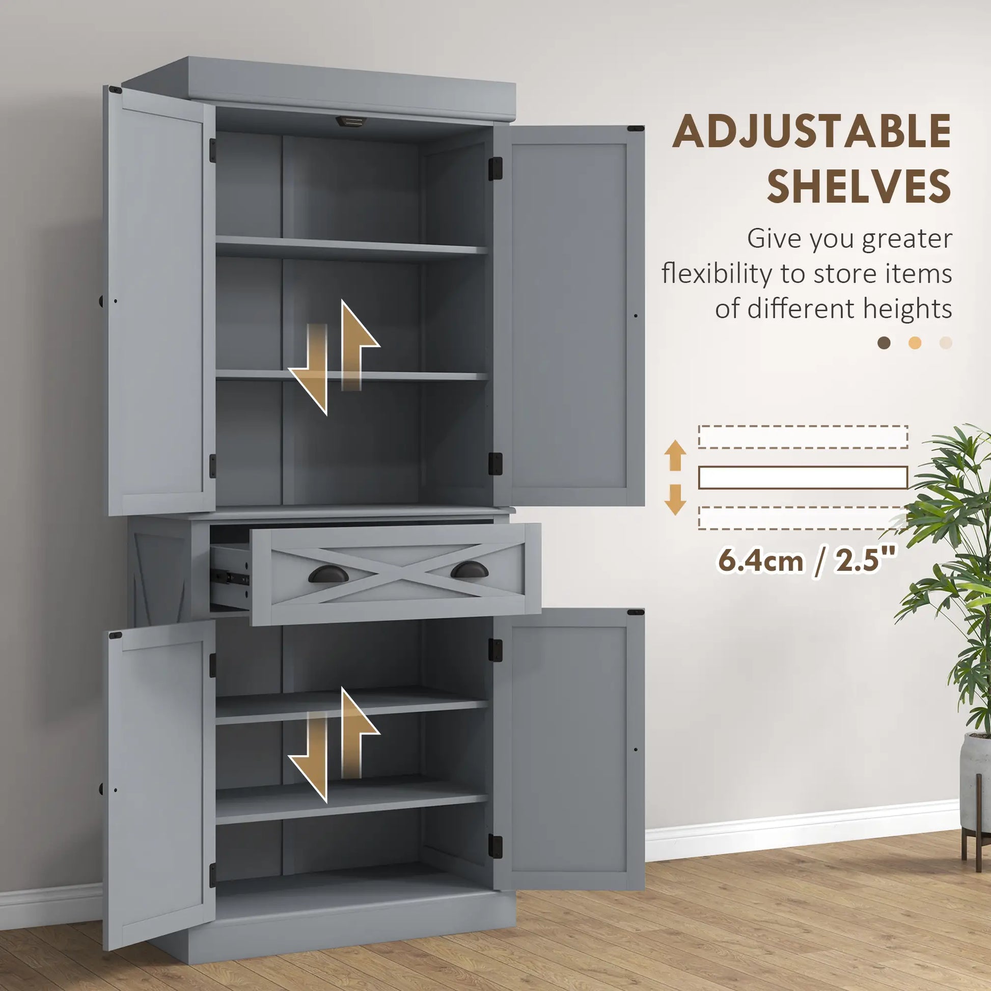 72.5" Kitchen Pantry Cabinet, 4 Doors, Drawer, Adjustable Shelves, Grey Kitchen Pantry Cabinets at Gallery Canada