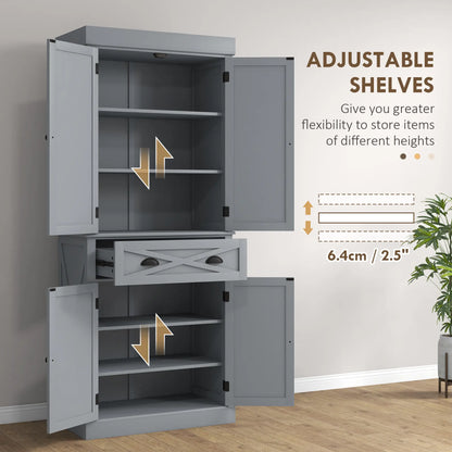 72.5" Kitchen Pantry Cabinet, 4 Doors, Drawer, Adjustable Shelves, Grey Kitchen Pantry Cabinets at Gallery Canada
