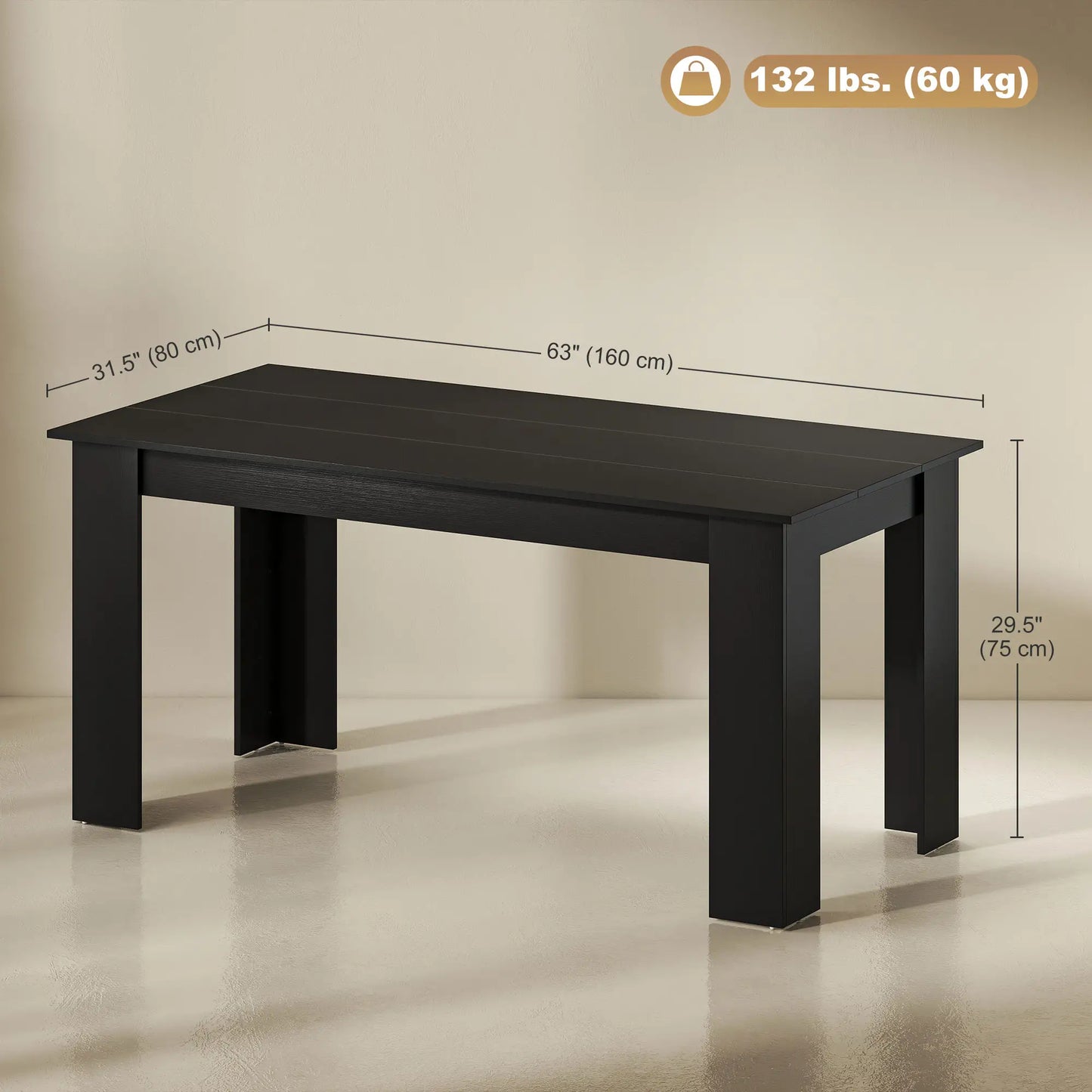 63" Kitchen Table for 4-6 People, Wood Effect, Black Dining Tables at Gallery Canada