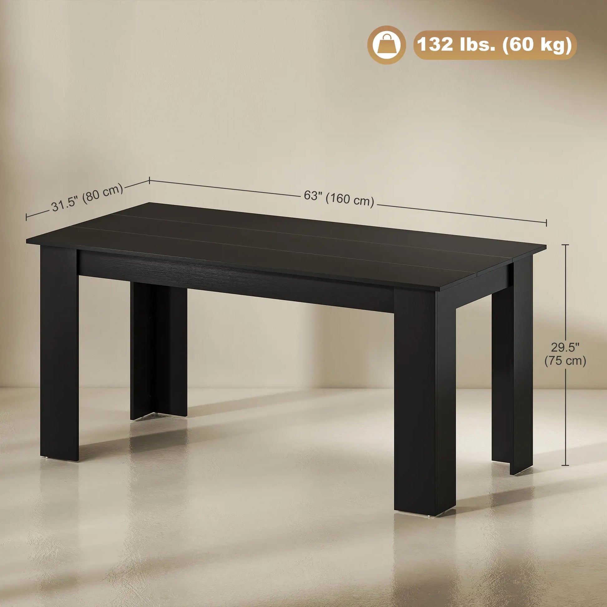 63" Kitchen Table for 4-6 People, Wood Effect, Black Dining Tables at Gallery Canada