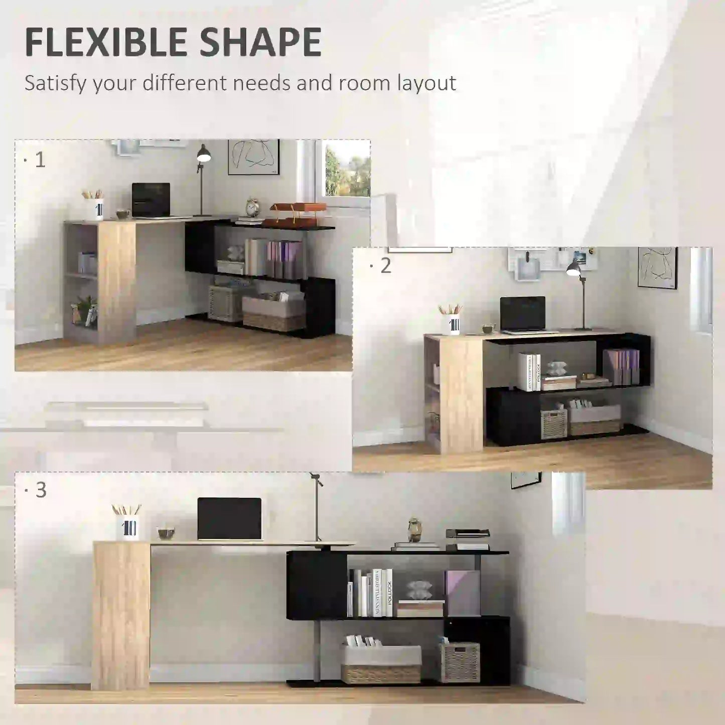 55" Corner Computer Desk, L-Shaped Rotating Workstation, 3-Tier Shelves Computer Desks at Gallery Canada