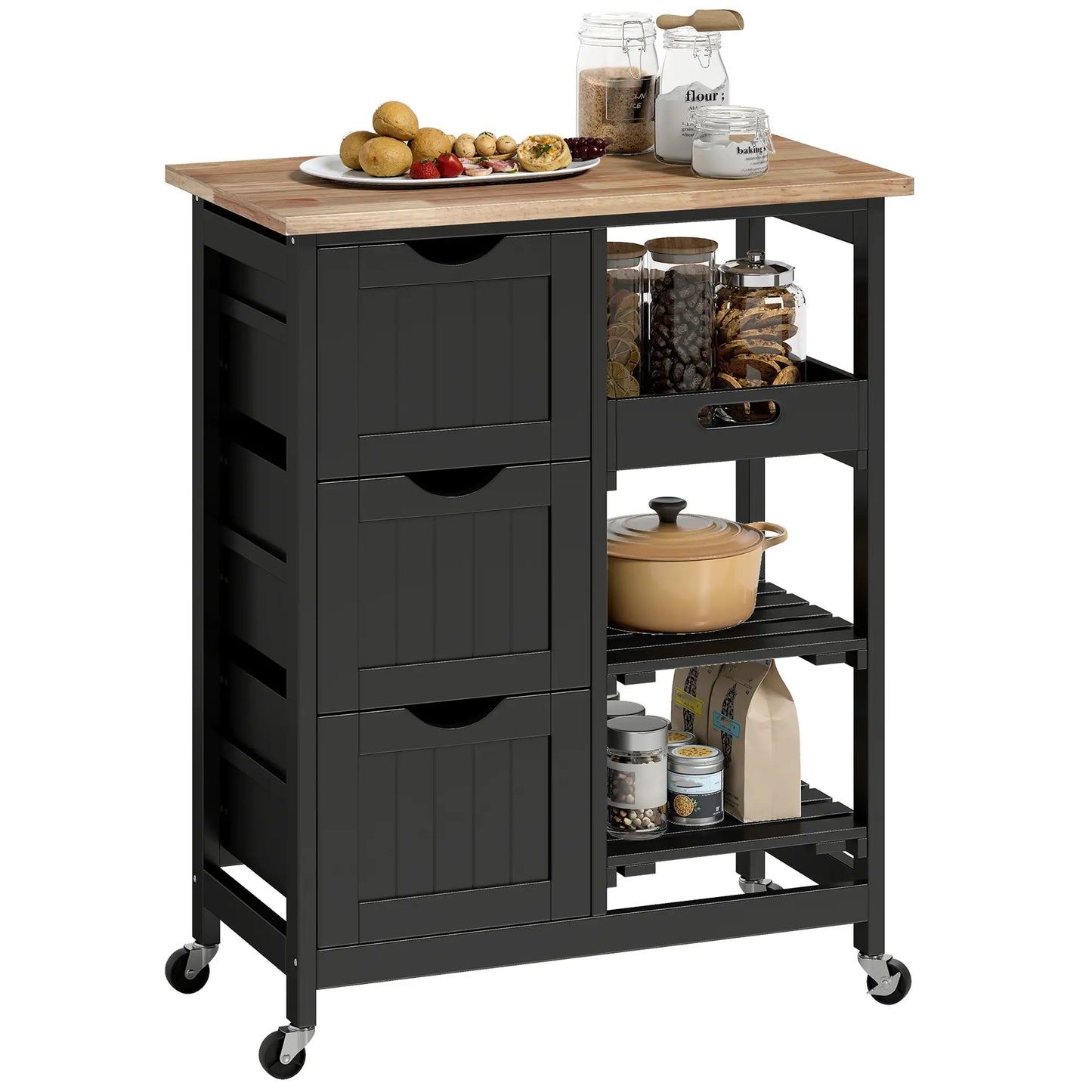 Kitchen Cart on Wheels, Wood Top, 3 Drawers, Shelves, Black Kitchen Islands & Kitchen Carts at Gallery Canada