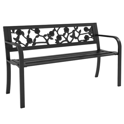 50" Outdoor Bench, Metal Frame Patio Loveseat, Floral Backrest, Black Outdoor Benches at Gallery Canada