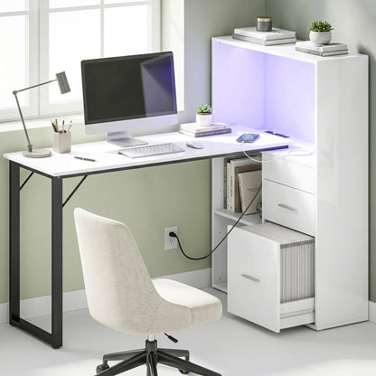 54" Computer Desk With Drawers, Power Outlets, LED Lights, White
