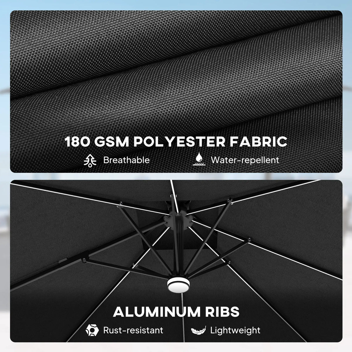 Parapluie de terrasse en porte-à-faux de 8', lumières LED, rotation à 360°, gris foncé