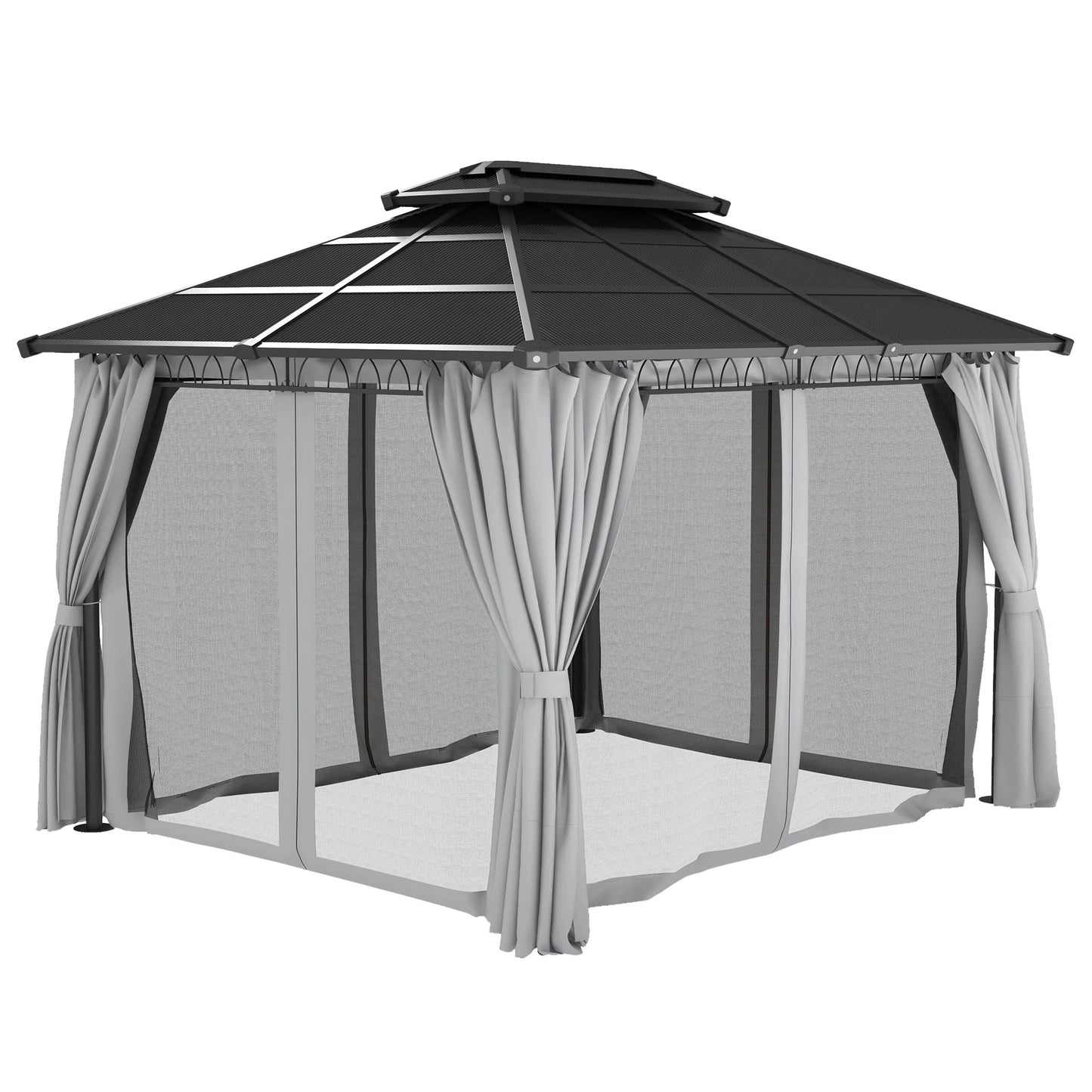 10' x 12' Outdoor Hardtop Gazebo, Steel Frame, Grey Gazebos Black Roof, Dark Grey Frame, Light Grey Curtains at Gallery Canada