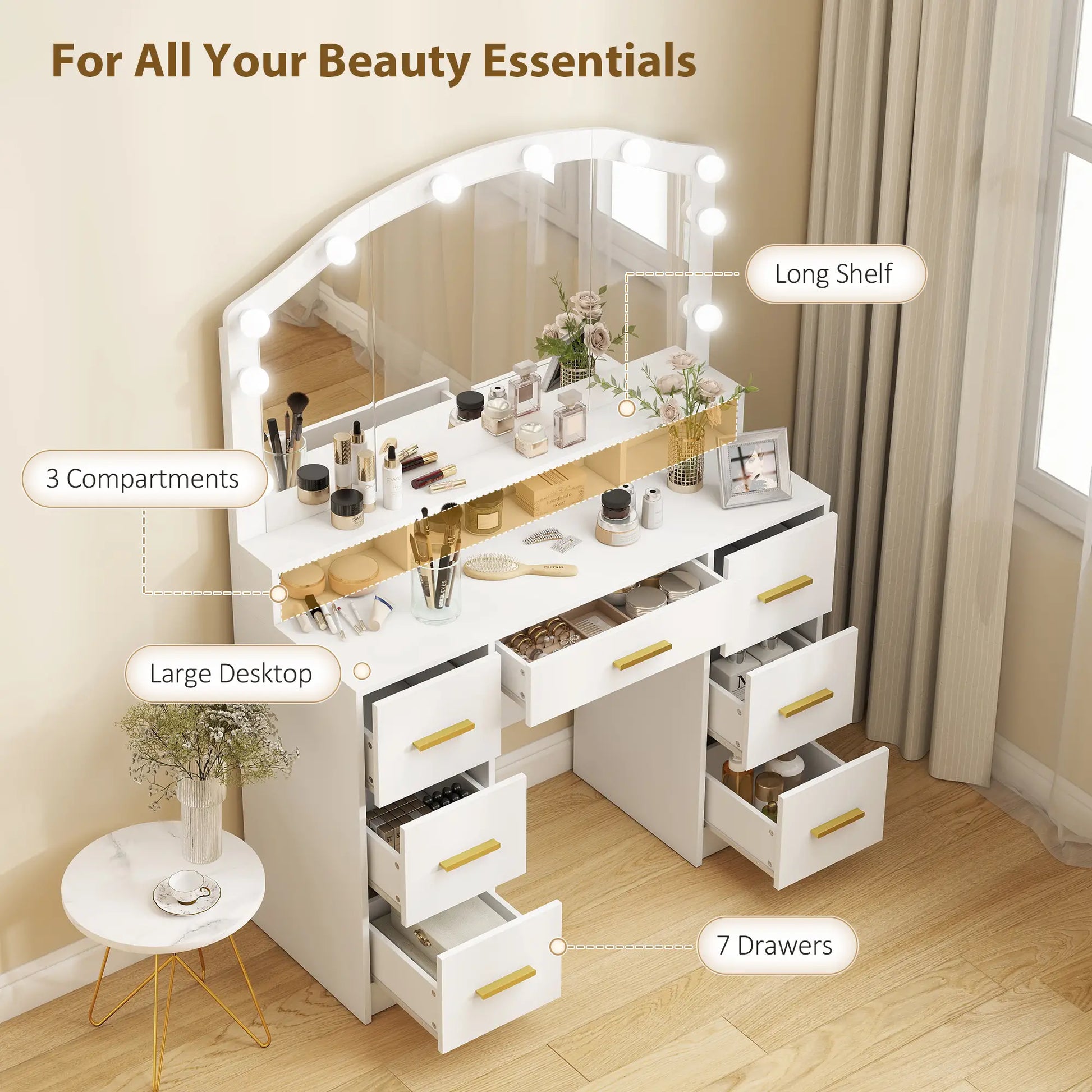 Makeup Vanity with Mirror, 10 LED Lights, 3 Color Adjustable, 7 Drawers, White Dressing & Vanity Tables at Gallery Canada