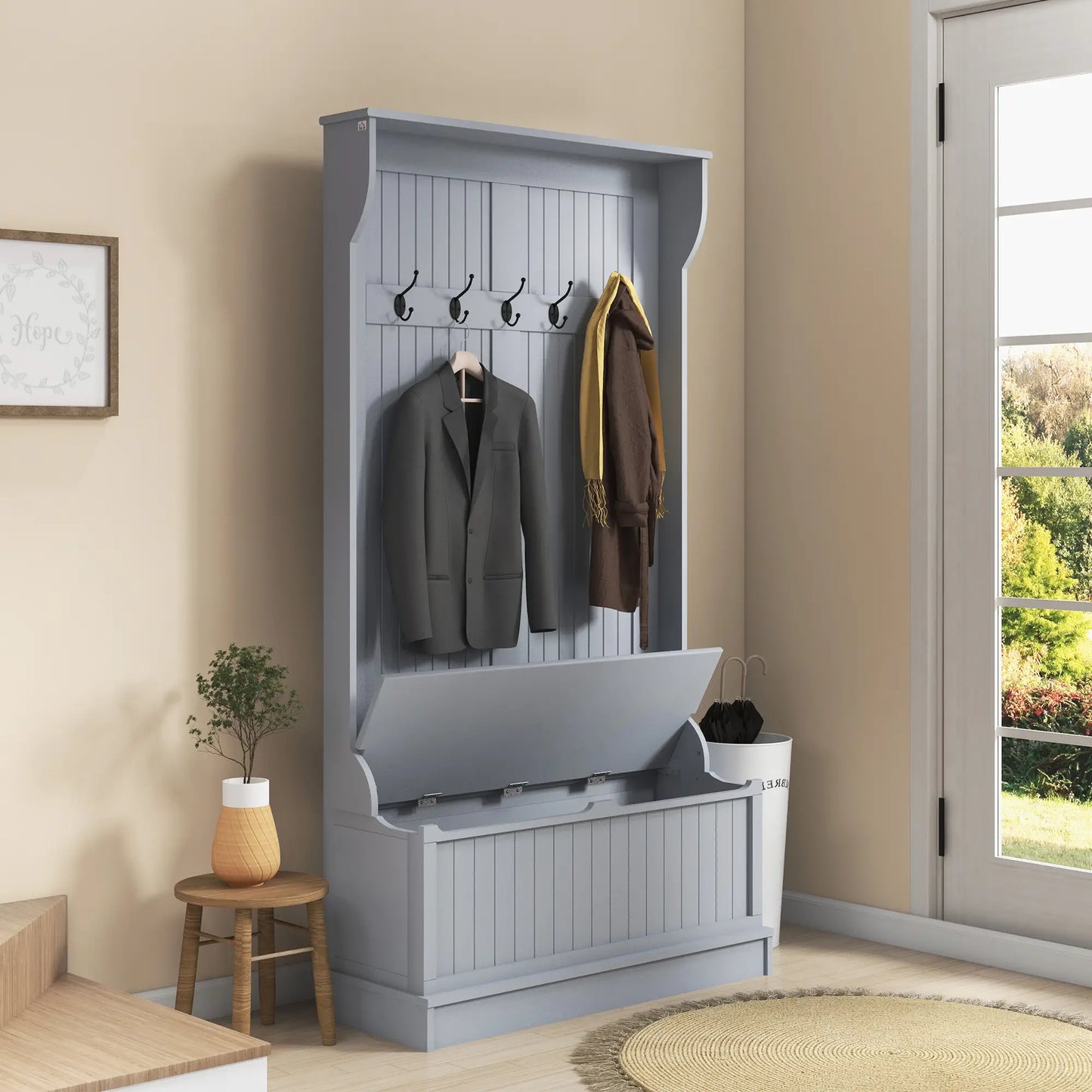 3-In-1 Entryway Hall Tree, Coat Rack, Bench, Shoe Storage, 5 Hooks, Grey Clothing Storage at Gallery Canada
