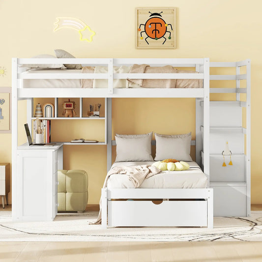 Over Twin Bunk Bed with Desk, Drawers, Shelves, 98" L x 80" W x 64.5" H, White Bed Frames White at Gallery Canada