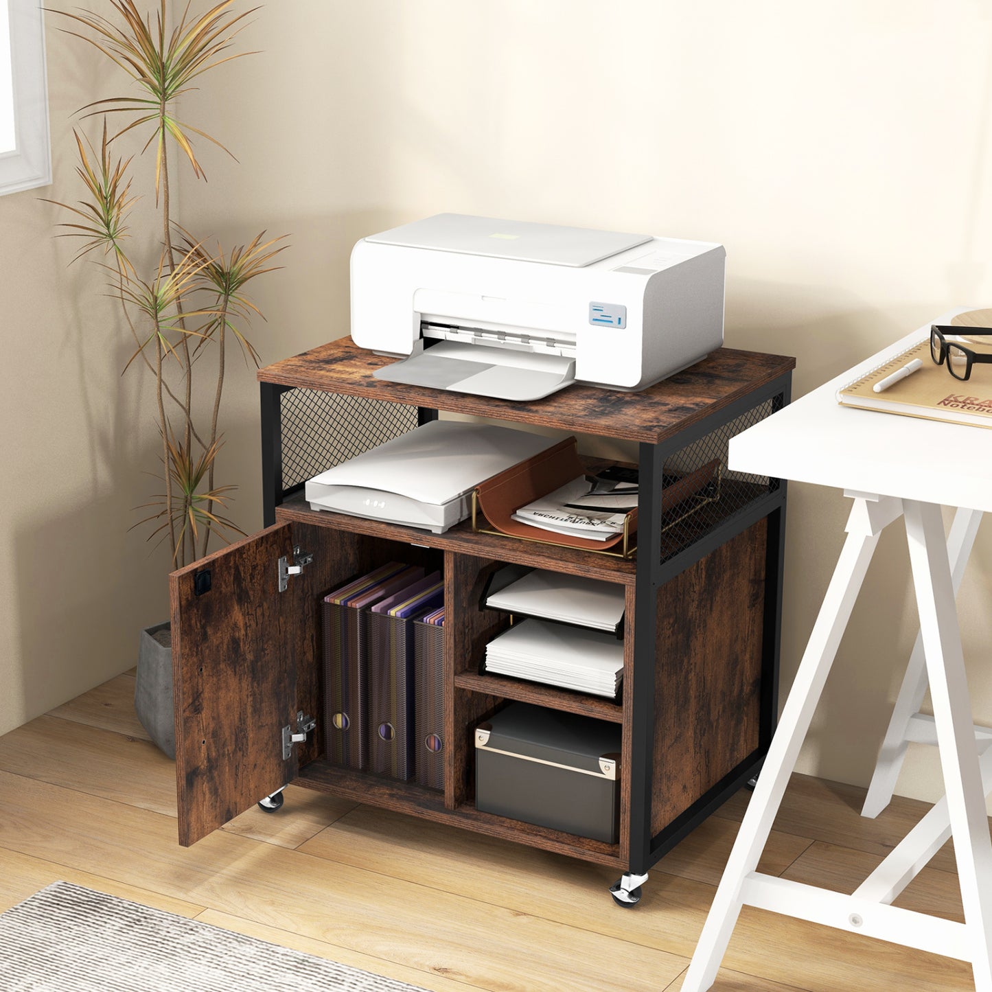 Armoire de classement mobile avec station de recharge, marron