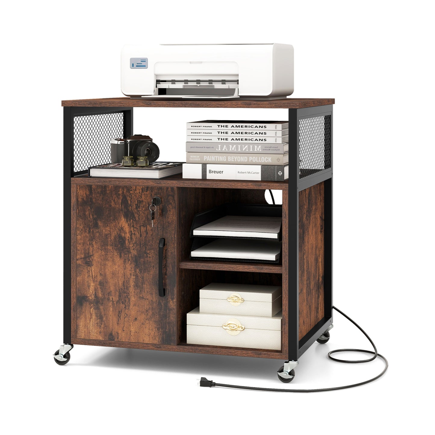Armoire de classement mobile avec station de recharge, marron