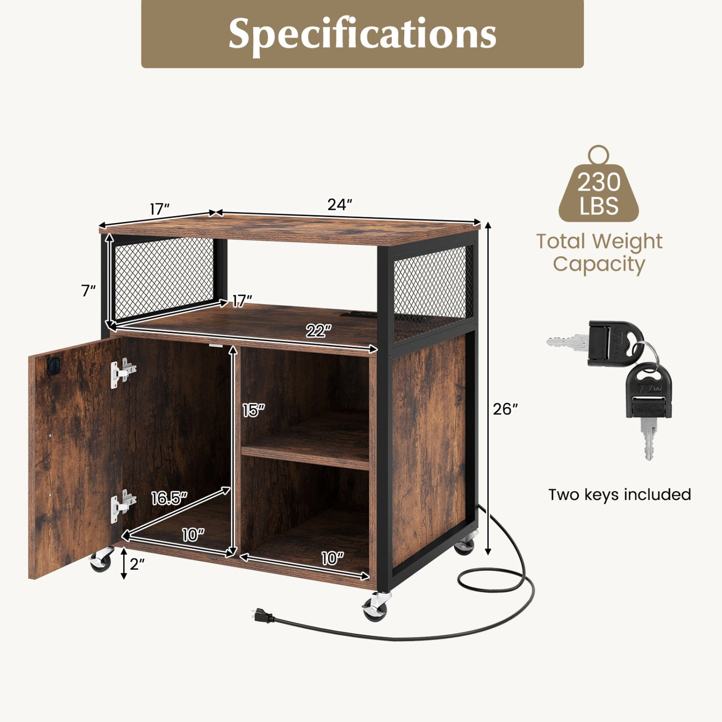 Armoire de classement mobile avec station de recharge, marron