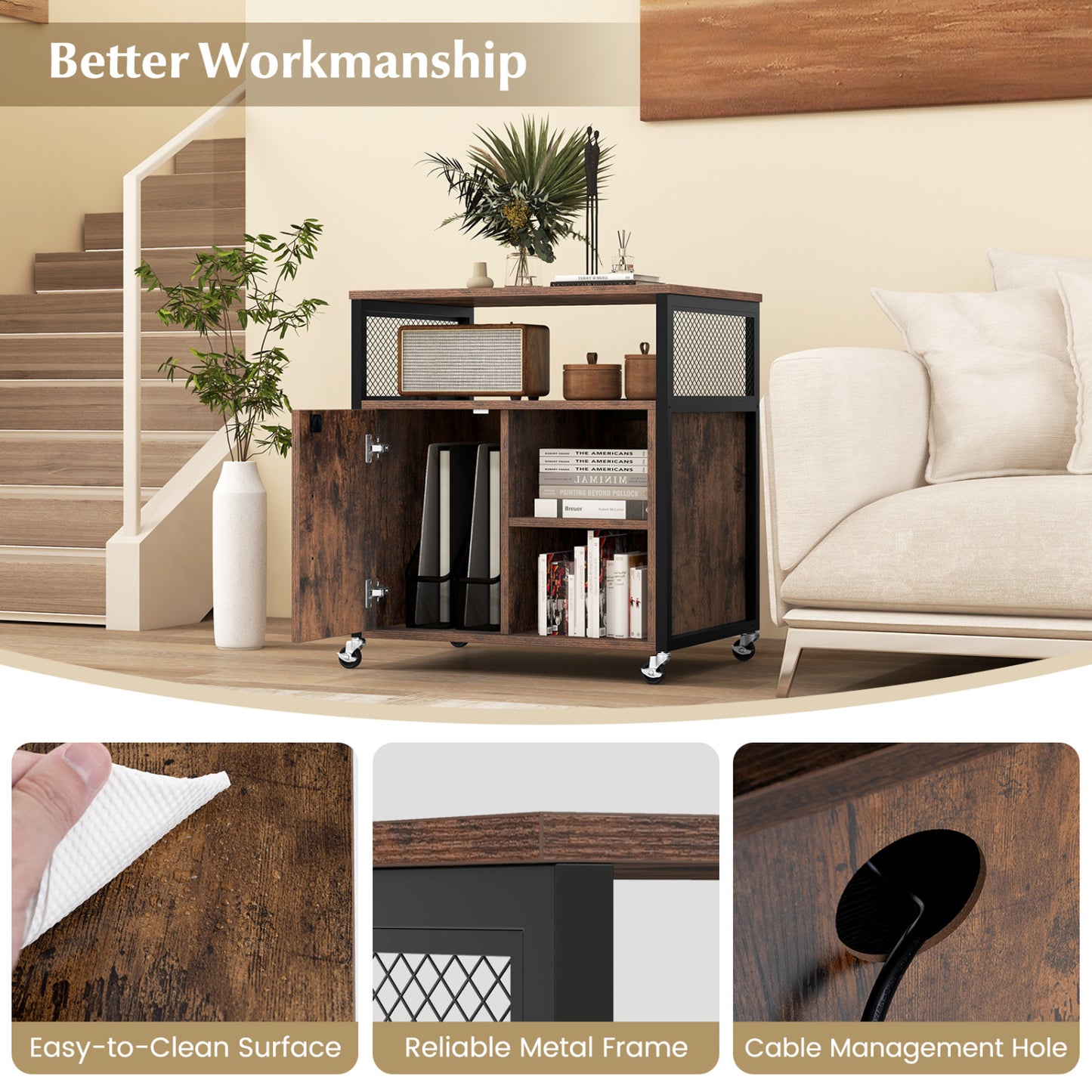 Armoire de classement mobile avec station de recharge, marron