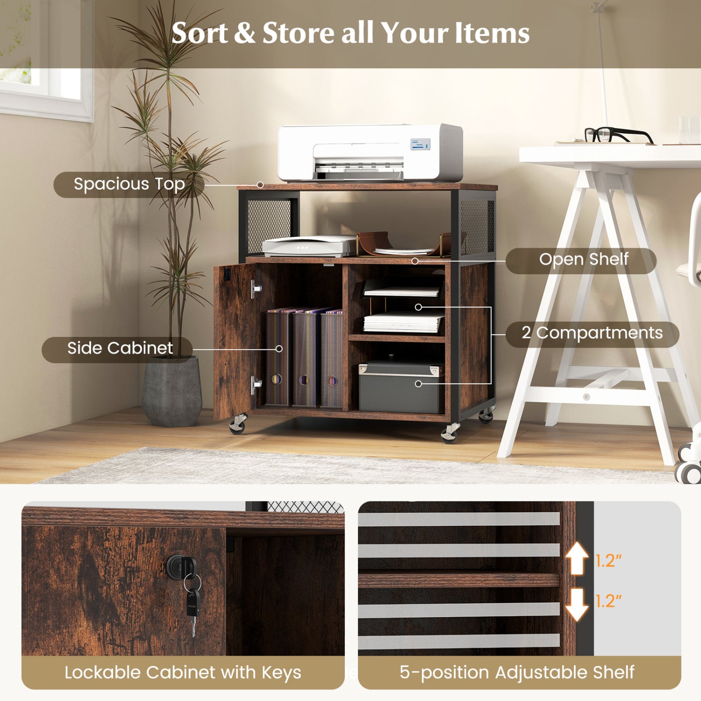 Armoire de classement mobile avec station de recharge, marron