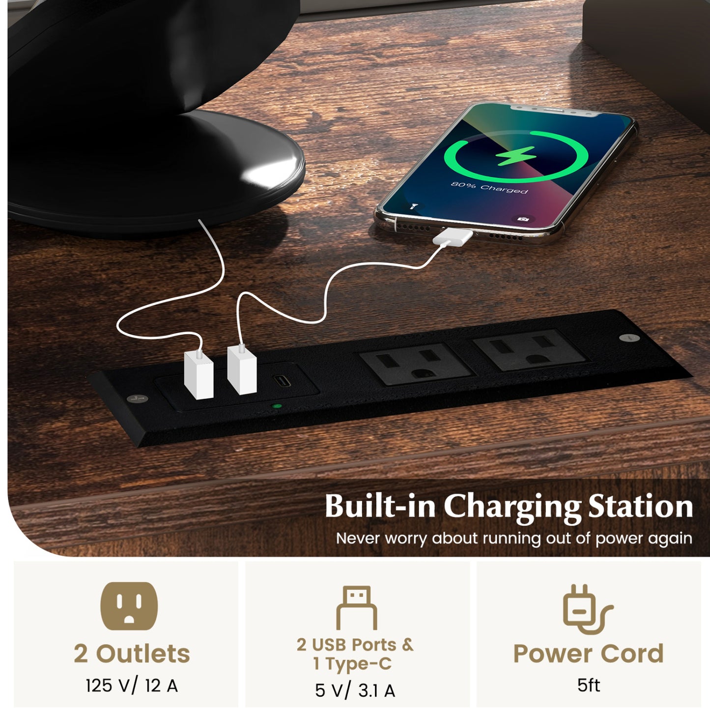 Armoire de classement mobile avec station de recharge, marron