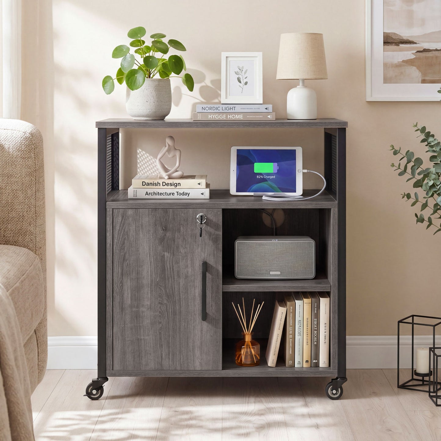 Mobile File Cabinet With Charging Station, Cable Management Hole, Gray File Cabinets at Gallery Canada