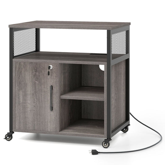 Mobile File Cabinet With Charging Station, Cable Management Hole, Gray