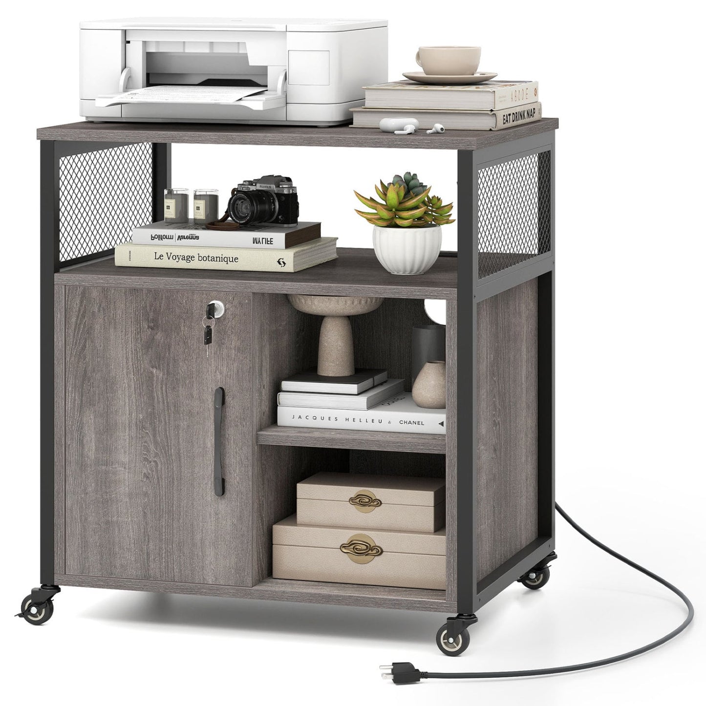 Mobile File Cabinet With Charging Station, Cable Management Hole, Gray File Cabinets at Gallery Canada