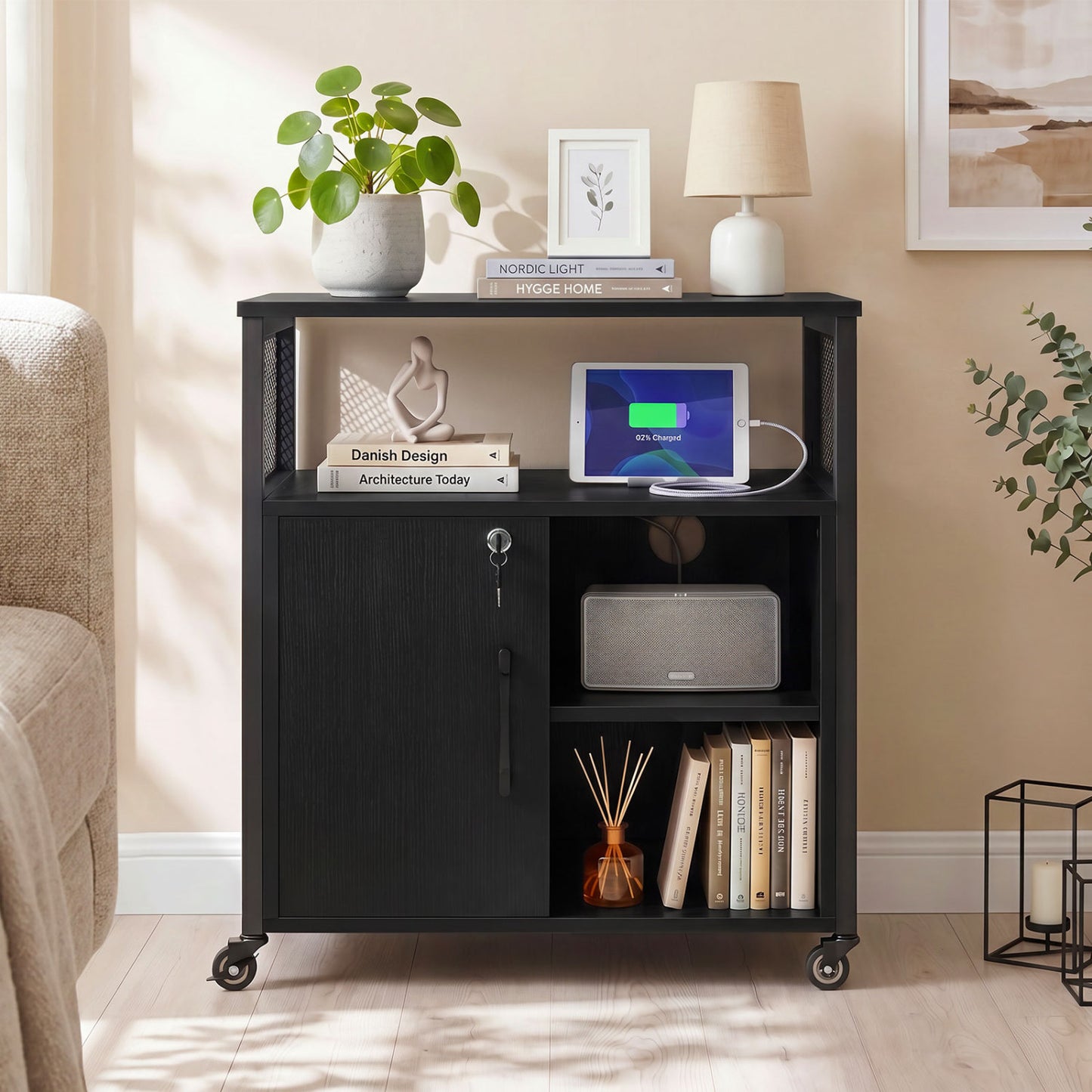 File Cabinet on Wheels with Charging Station and Cable Management Hole, Black File Cabinets at Gallery Canada