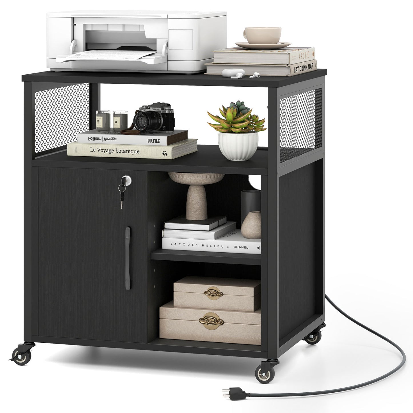 File Cabinet on Wheels with Charging Station and Cable Management Hole, Black File Cabinets at Gallery Canada