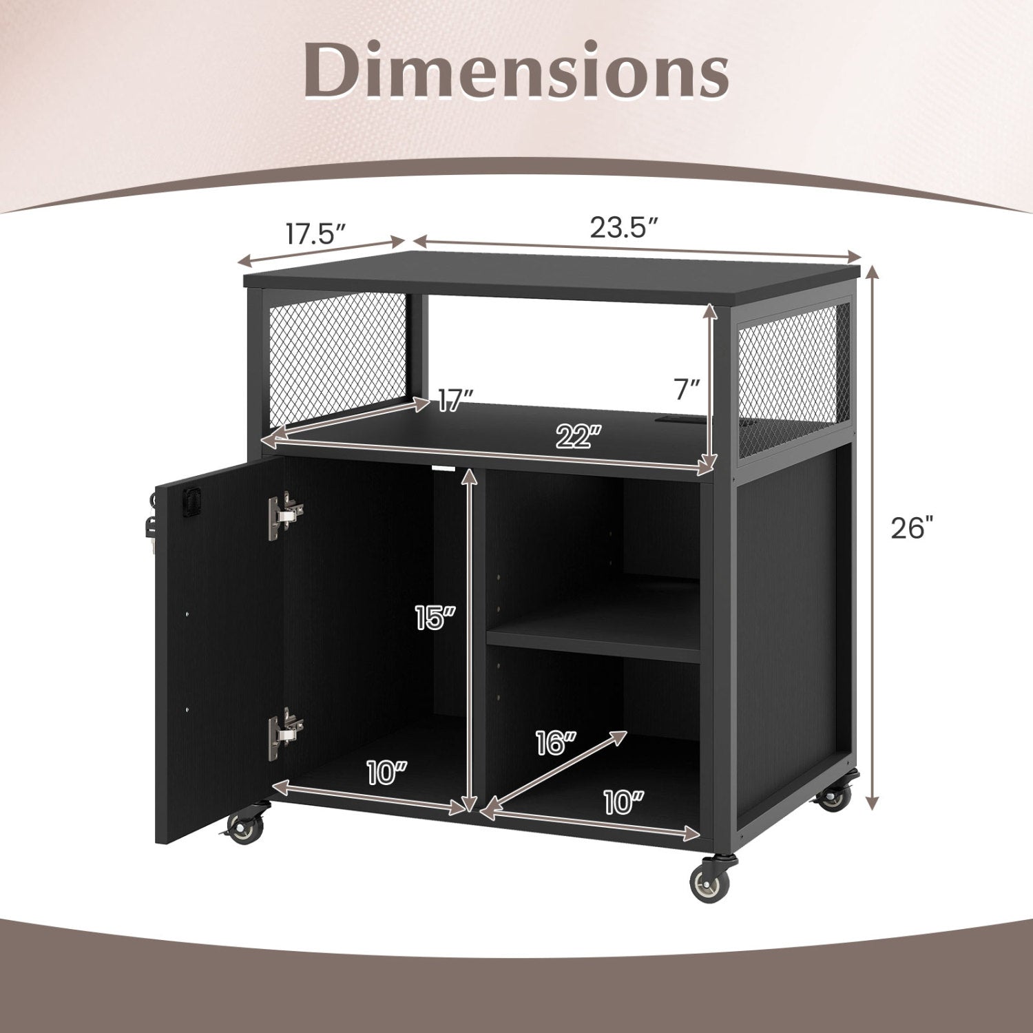 File Cabinet on Wheels with Charging Station and Cable Management Hole, Black File Cabinets at Gallery Canada