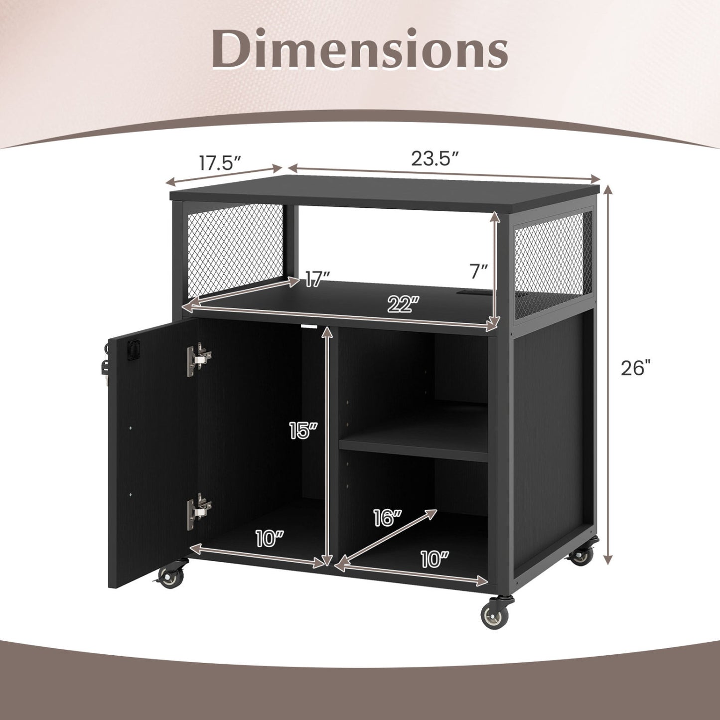 File Cabinet on Wheels with Charging Station and Cable Management Hole, Black File Cabinets at Gallery Canada