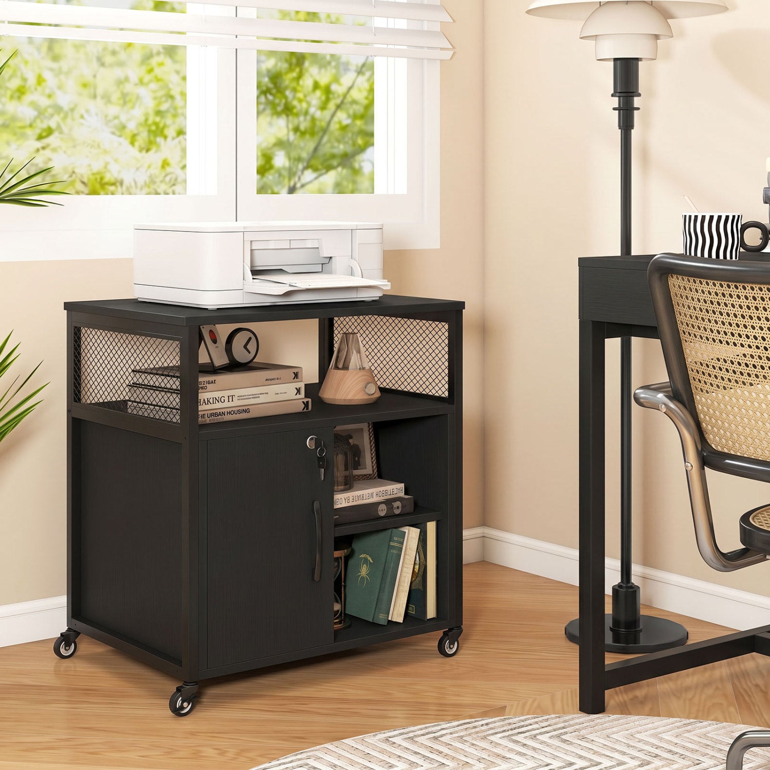 File Cabinet on Wheels with Charging Station and Cable Management Hole, Black File Cabinets at Gallery Canada