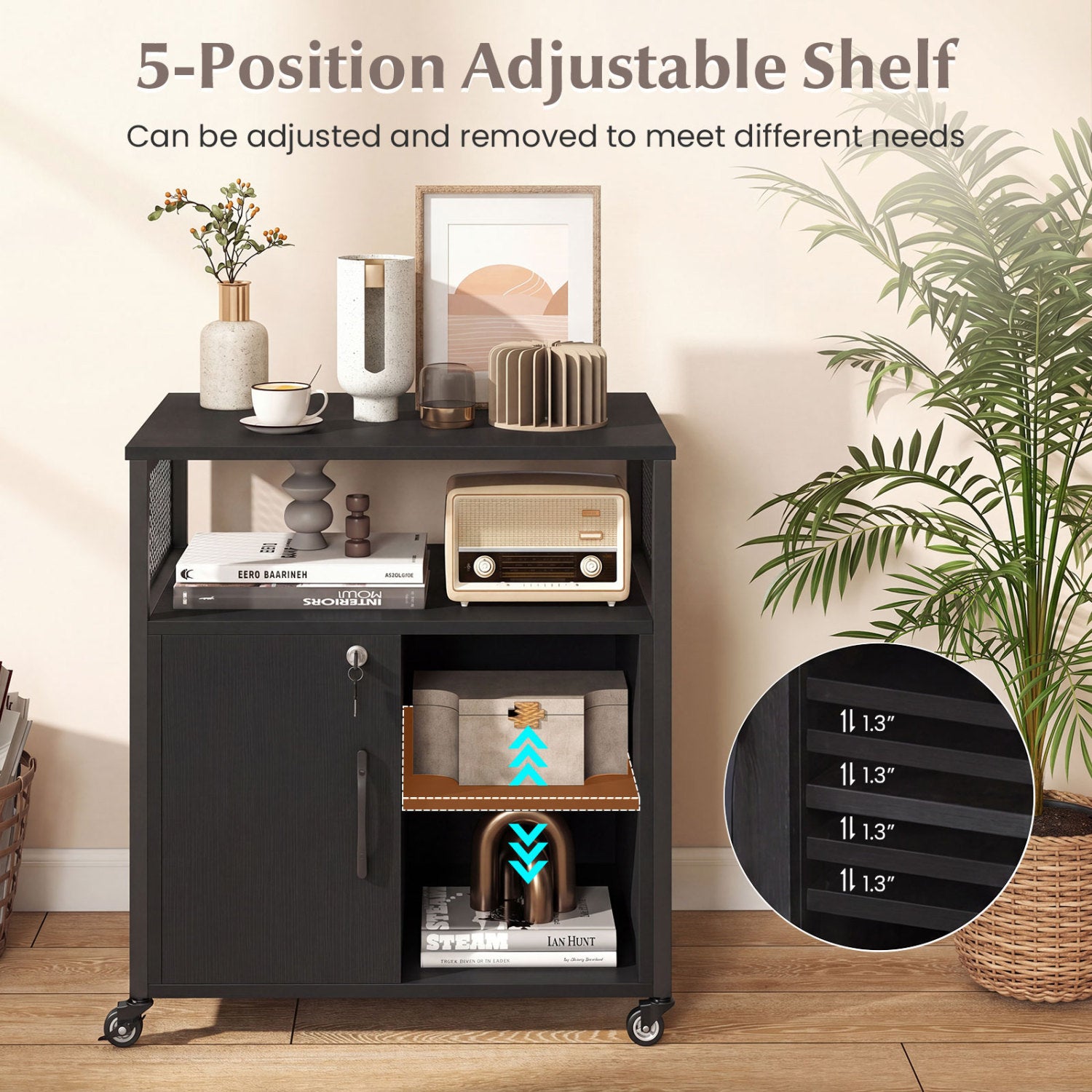 File Cabinet on Wheels with Charging Station and Cable Management Hole, Black File Cabinets at Gallery Canada