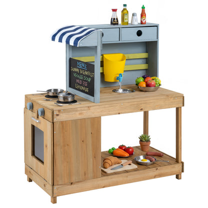 Fir Wood Kids Kitchen Playset with Canopy and Faucet, Natural Play Kitchen Sets Natural at Gallery Canada
