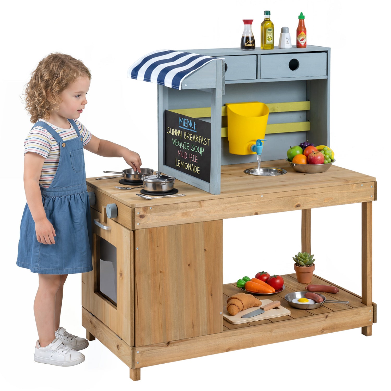 Fir Wood Kids Kitchen Playset with Canopy and Faucet, Natural Play Kitchen Sets at Gallery Canada