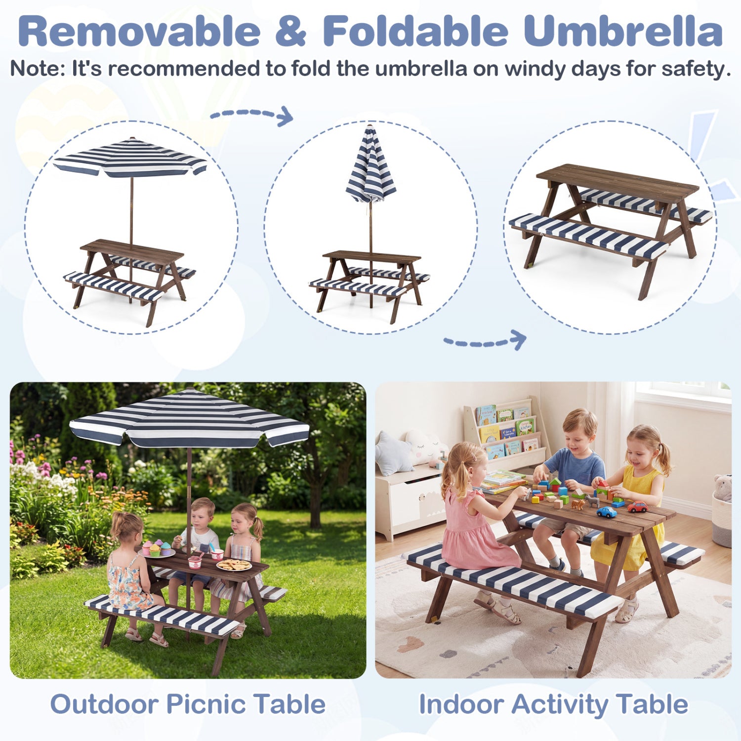 Kids Picnic Table With 2 Built-In Benches, Navy Kids Table & Chair Sets at Gallery Canada