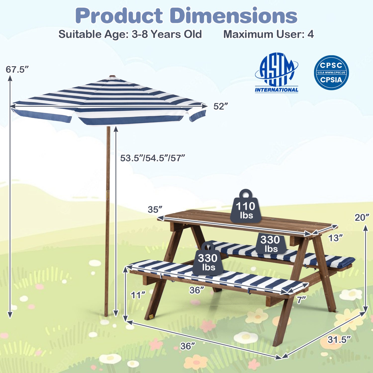 Kids Picnic Table With 2 Built-In Benches, Navy Kids Table & Chair Sets at Gallery Canada