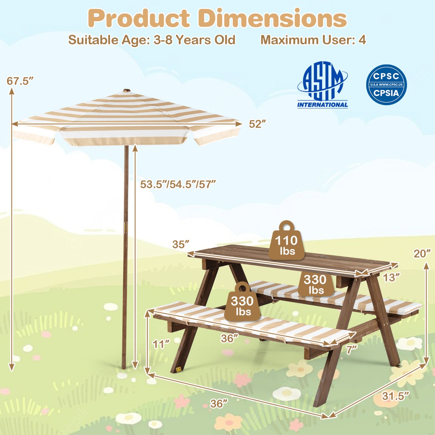 Kids Picnic Table With 2 Built-In Benches, Umbrella, Coffee Kids Table & Chair Sets at Gallery Canada