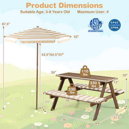 Kids Picnic Table With 2 Built-In Benches, Umbrella, Coffee Kids Table & Chair Sets at Gallery Canada