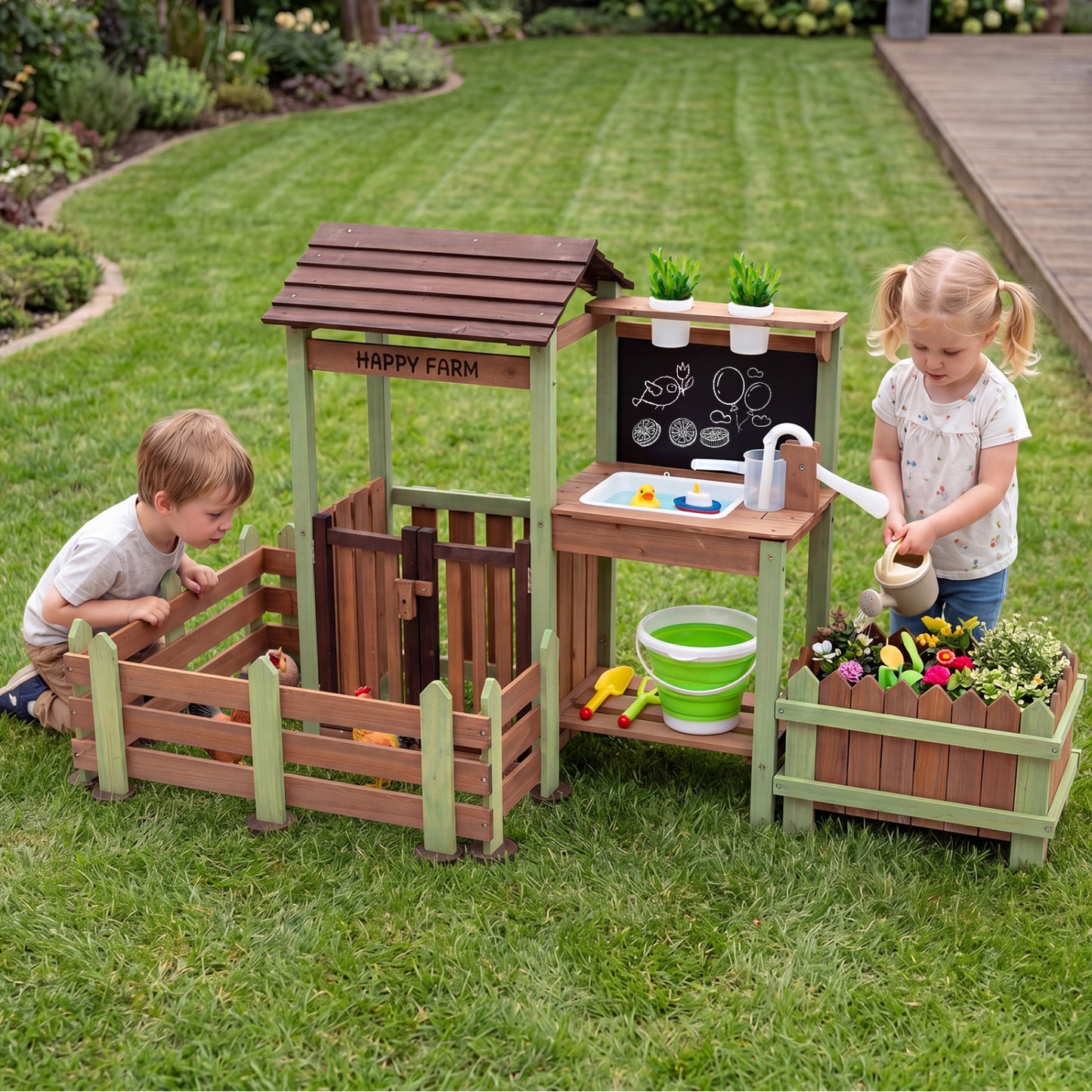 Wooden Mud Farm Playset with Planter Box Lockable Yard and Faucet for 3+ Kids Play Kitchen Sets at Gallery Canada