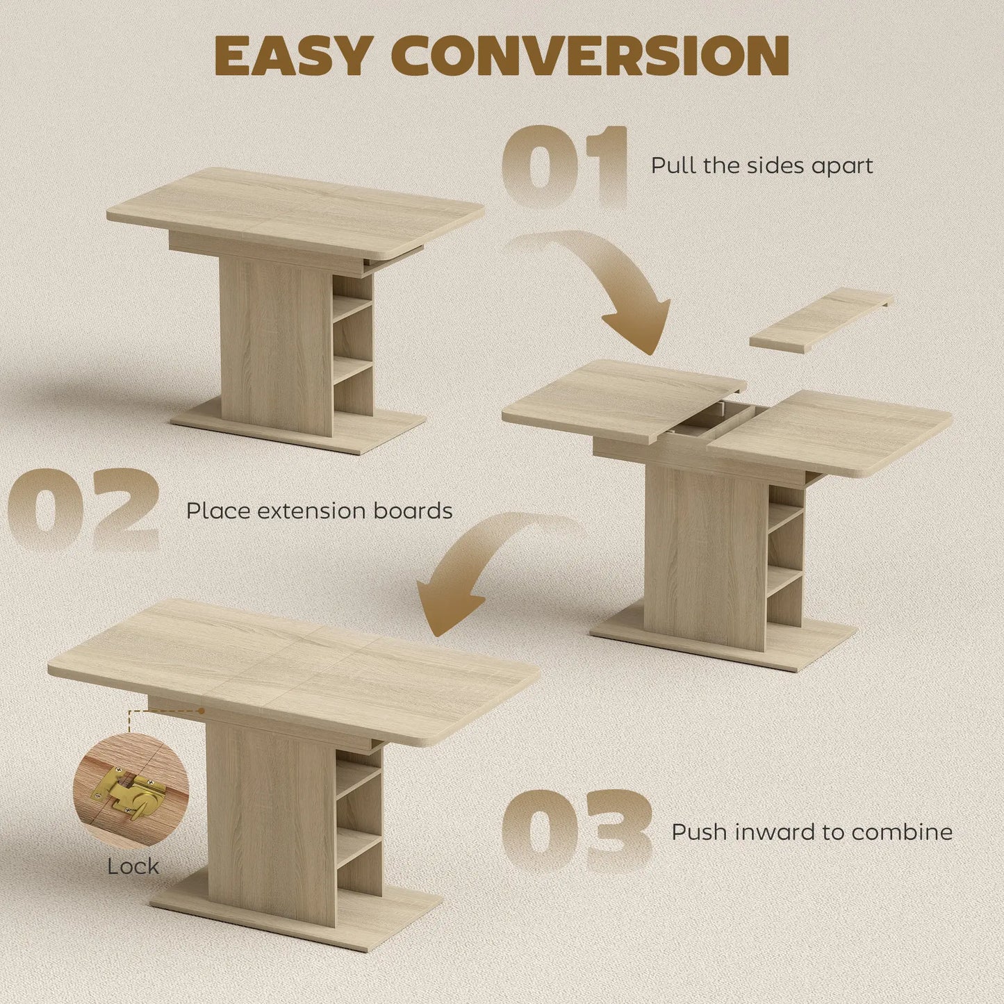 Extendable Dining Table, 43.3"-51.2", Natural Wood, 6 Shelves Dining Tables at Gallery Canada
