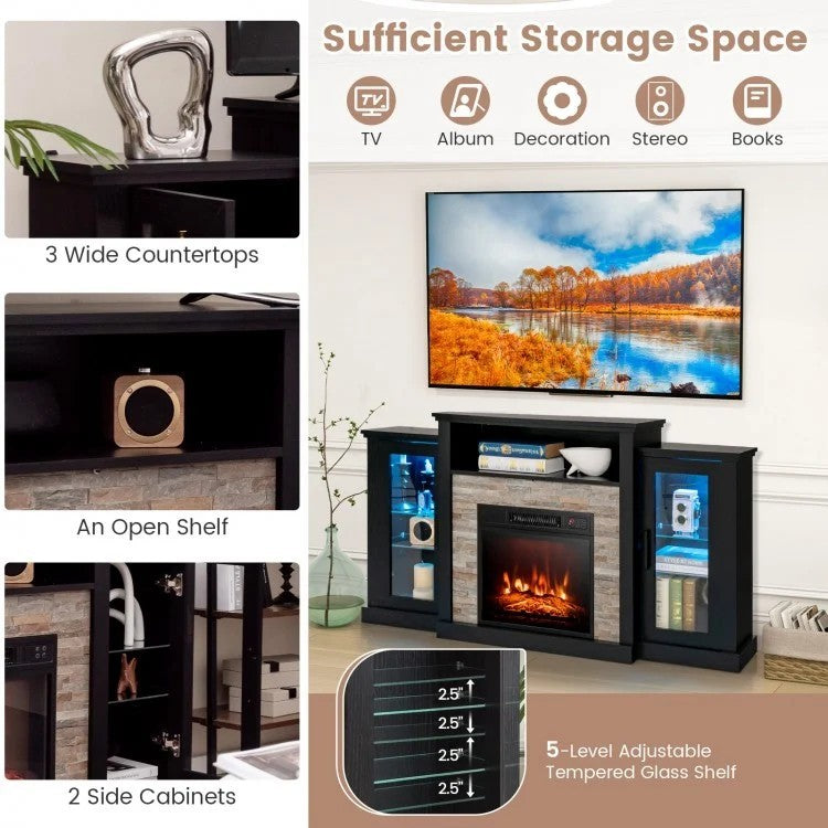 Fireplace TV Stand, 16-Color LED Lights, 65 Inch, Black Entertainment Centers & TV Stands at Gallery Canada