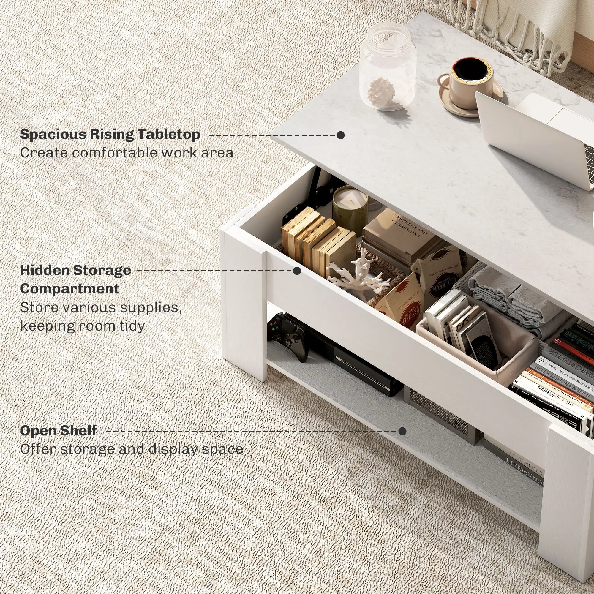 Lift Top Coffee Table, Hidden Storage, Open Shelf, White Coffee Tables at Gallery Canada