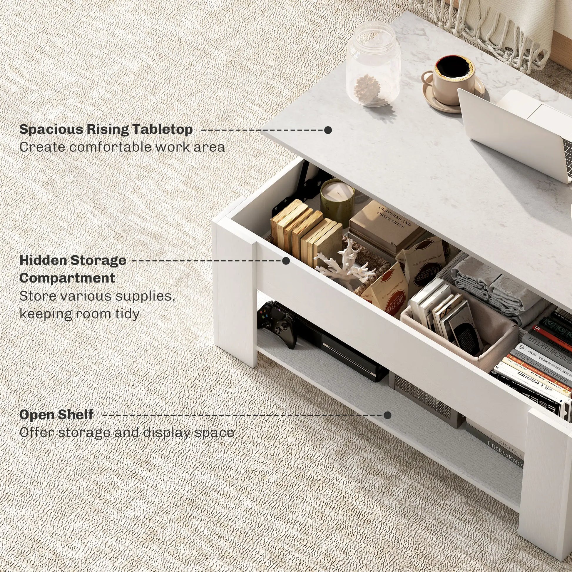 Lift Top Coffee Table, Hidden Storage, Open Shelf, White Coffee Tables at Gallery Canada