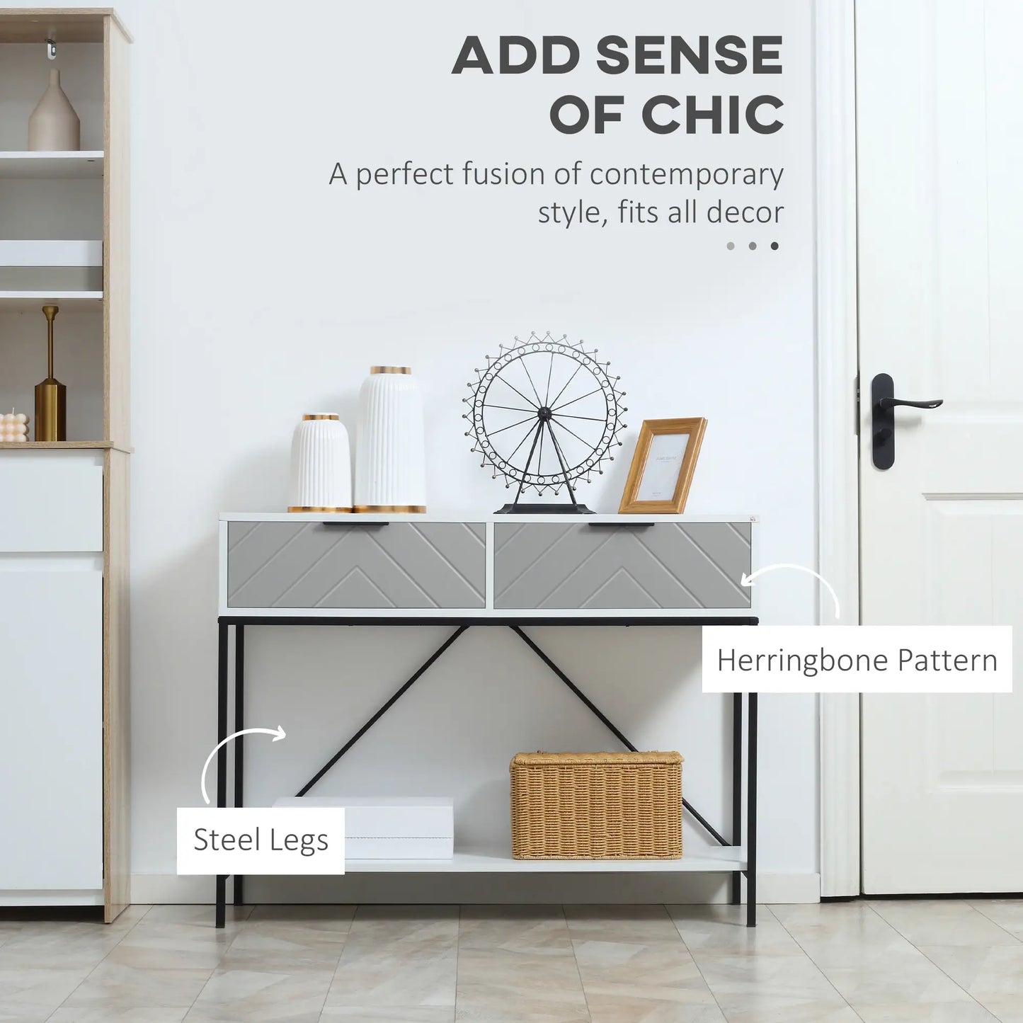 Modern Console Table with 2 Drawers, 2 Tier Entryway Table with Shelf, White Console Tables at Gallery Canada