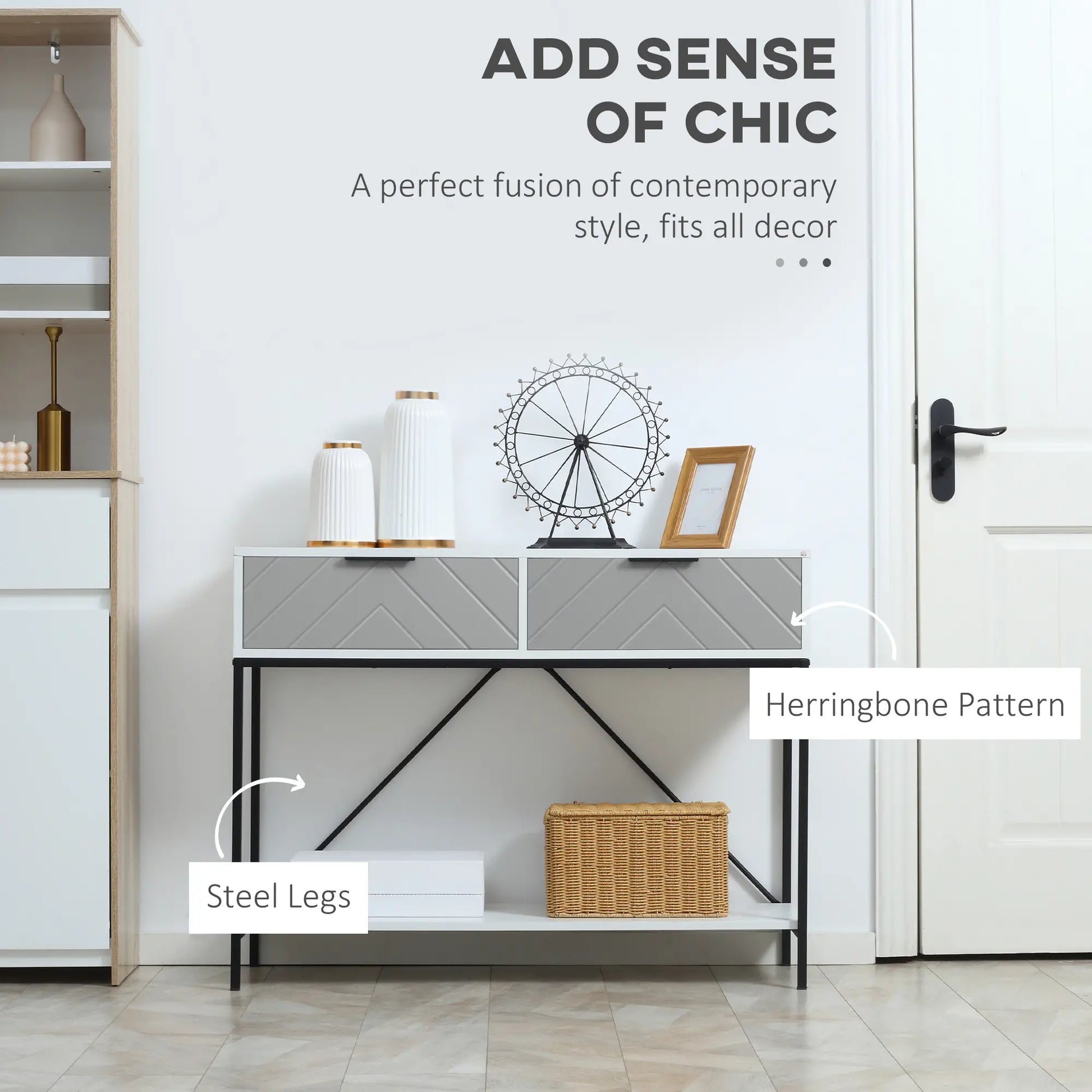 Modern Console Table with 2 Drawers, 2 Tier Entryway Table with Shelf, White Console Tables at Gallery Canada